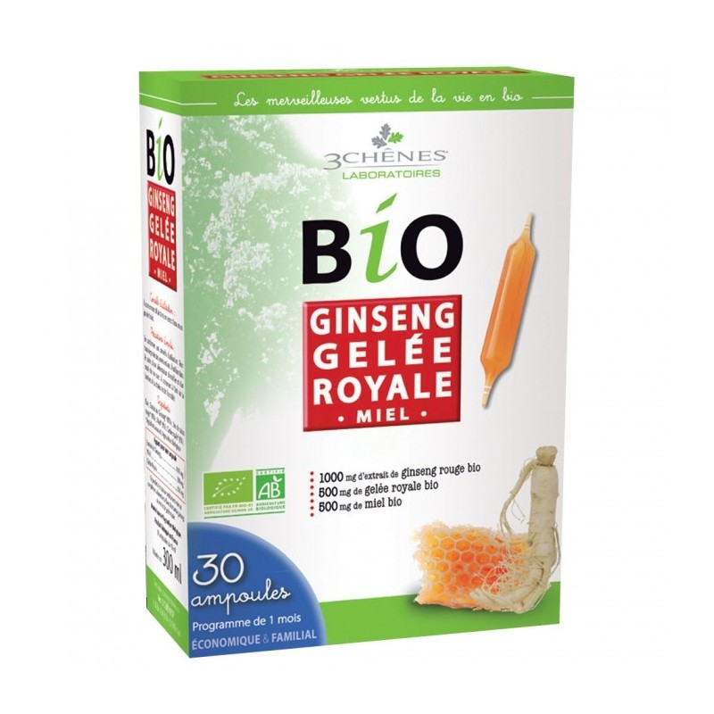 3 CHÊNES BIO Ginseng Gelée Royale Miel boite 30 ampoules