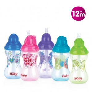 NUBY gobelet imprimé avec paille en silicone 300ml +12 mois Réf : ID10241