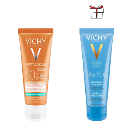 VICHY CAPITAL SOLEIL Crème Anti-Brillance Toucher Sec Teintée spf 50+ (50ml) + Lait après soleil 100 ml Offert
