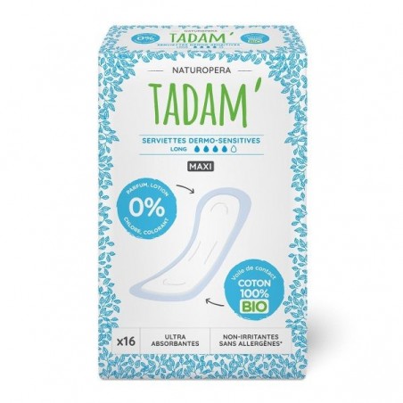 TADAM serviettes Maxi Coton Bio Long + 4gttes boite 16U