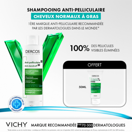 Vichy Offre Dercos Shampoing Traitant Anti-Pelliculaire Cheveux Gras 200 ml + Dercos 50ML OFFERT