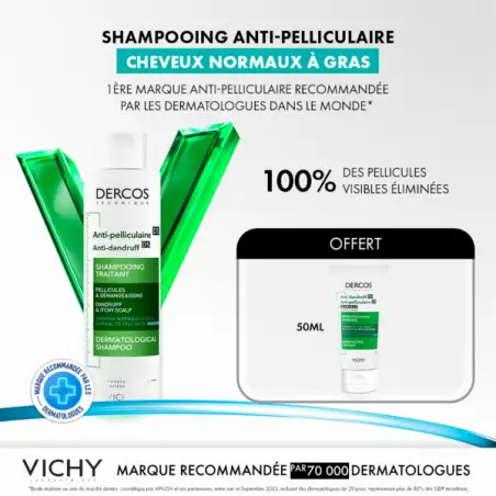 Vichy Offre Dercos Shampoing Traitant Anti-Pelliculaire Cheveux Gras 200 ml + Dercos 50ML OFFERT