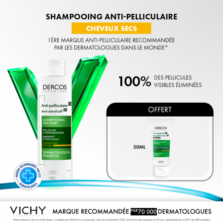 Vichy Offfre Dercos Shampoing Traitant Anti-Pelliculaire Cheveux Secs 200ml + Dercos 50 ML Offert