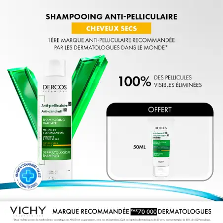 Vichy Offfre Dercos Shampoing Traitant Anti-Pelliculaire Cheveux Secs 200ml + Dercos 50 ML Offert
