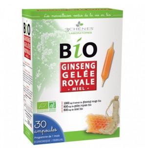 3 CHÊNES BIO Ginseng Gelée Royale Miel boite 30 ampoules