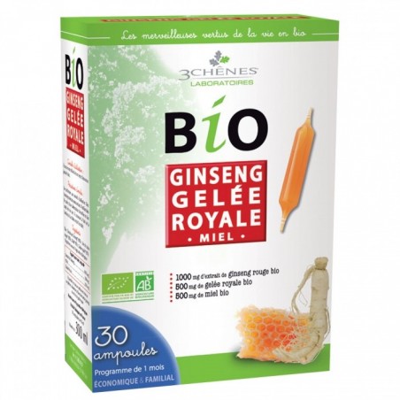 3 CHÊNES BIO Ginseng Gelée Royale Miel boite 30 ampoules