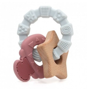 KIOKIDS Anneau de Dentition en Bois et Silicone rose et gris