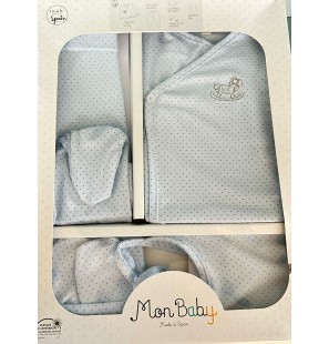 MON BABY Set 5p (Gilet double+Pantalon+Bavoir+Gants+Bonnet)dots bleu