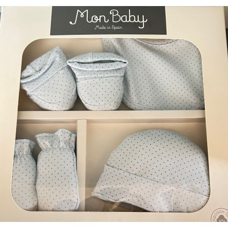 MON BABY Set 4p (Bavoir+Gants+Chaussettes+Bonnet)dots bleu