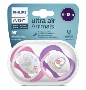 Avent Philips Sucette Ultra Air Animal 6-18 Mois Fille 2 Pièces