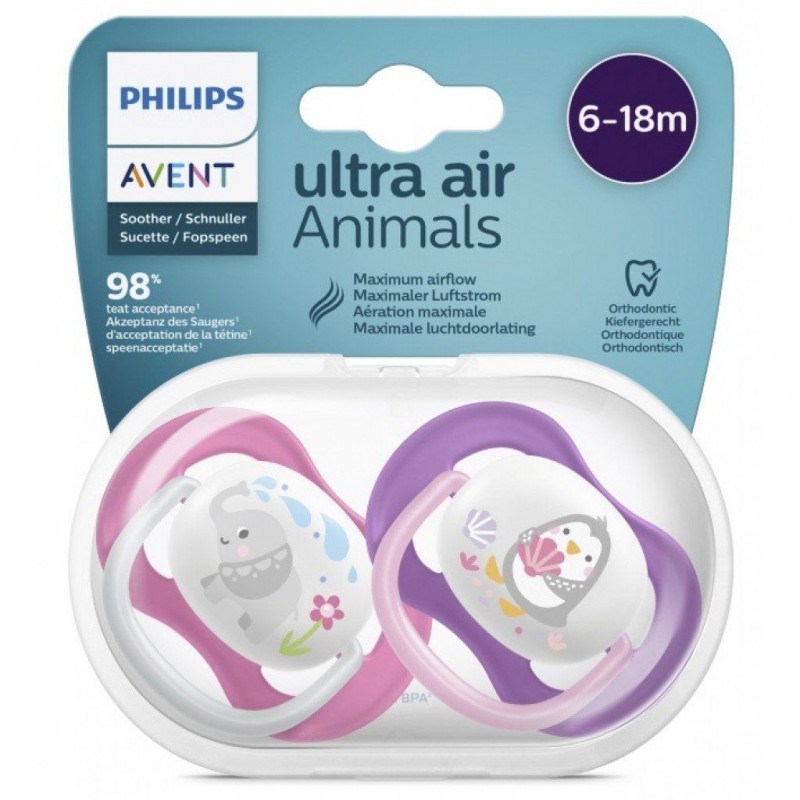 Avent Philips Sucette Ultra Air Animal 6-18 Mois Fille 2 Pièces