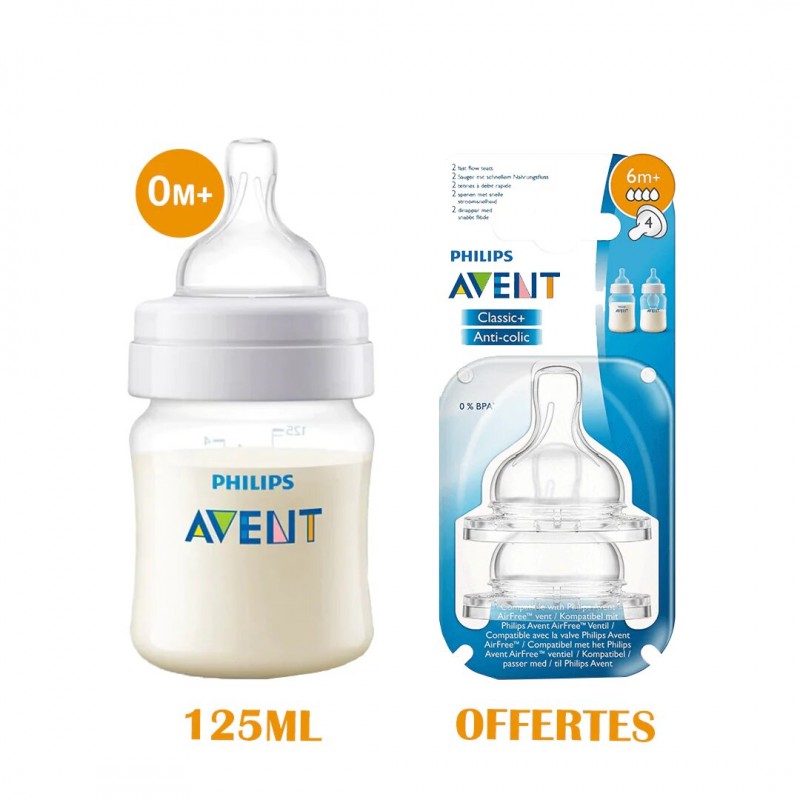 Avent Philips Biberon Anti-colic +0 mois 125 ml+2 TETINES-6M+