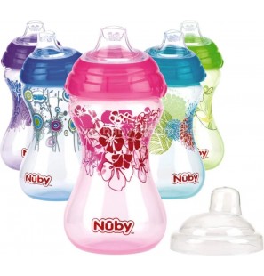 NUBY GOBELET EASY GRIP BLEU IMPRIME EN BB A BEC EN SILICONE +6MOIS 300ML