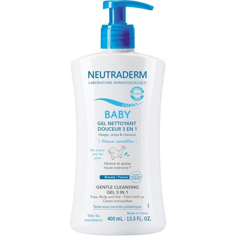 NEUTRADERM BABY GEL NETTOYANT DOUCEUR 3 EN 1 VISAGE CORPS ET CHEVEUX PEAUX SENSIBLES 400ML